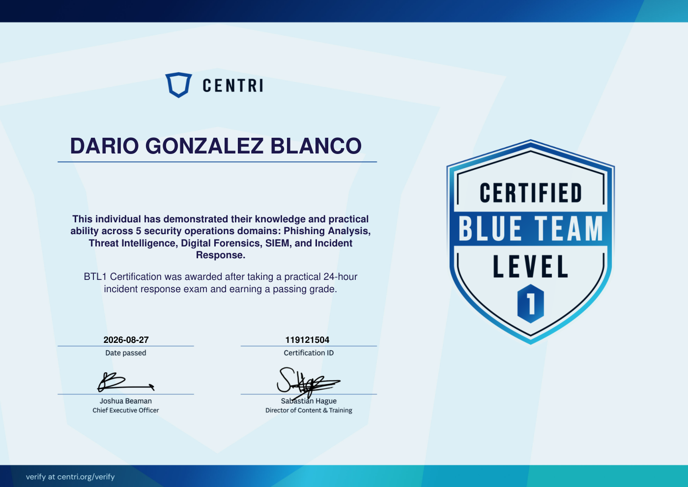 Certificado Blue Team Level 1